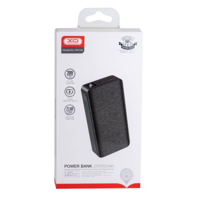 Зовнішній акумулятор XO PR144 20000mAh PD20W+QC 22.5W Black (6920680879304)