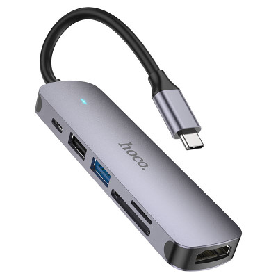 USB-хаб HOCO HB28 Type-C multi-function converter(HDTV+USB3.0+USB2.0+SD+TF+PD) Metal Gray (6931474769336)