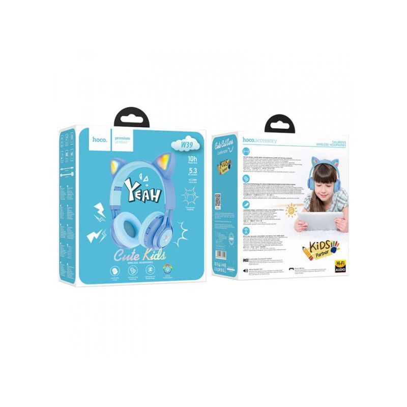 Бездротові накладні навушники HOCO W39 Cat ear kids BT headphones Blue (6931474779250)