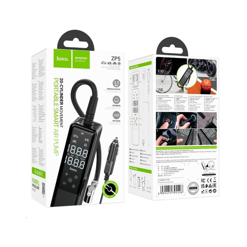 Автомобільний насос HOCO ZP5 May smart air pump Black (6931474795526)