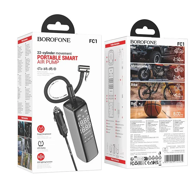 Автомобільний насос BOROFONE FC1 Flow intelligent air pump Black Gray (6941991112485)