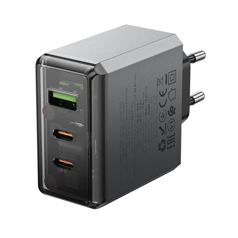 Мережевий зарядний пристрій BOROFONE BN22 Lena PD65W(2C1A) charger(EU) Metal Gray (6941991114601)