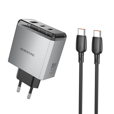 Мережевий зарядний пристрій з кабелем BOROFONE BN22 Lena PD65W (2C1A) charger set (C to C(EU) Metal Gray (6941991114618)