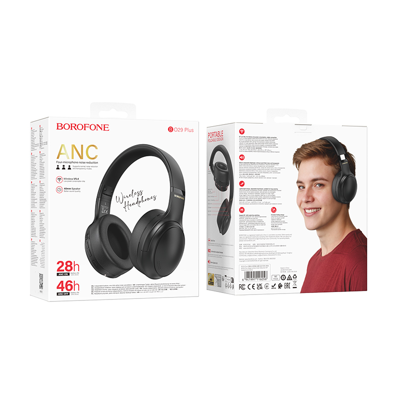 Бездротові накладні навушники BOROFONE BO29 Plus Alegre active noise Reduction BT headphones Black (6941991116056)