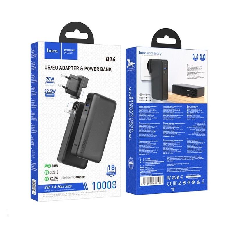 Зовнішній акумулятор HOCO Q16 Friendly 22.5W fully compatible power bank(US/EU)(10000mAh) Black (6942007601566)