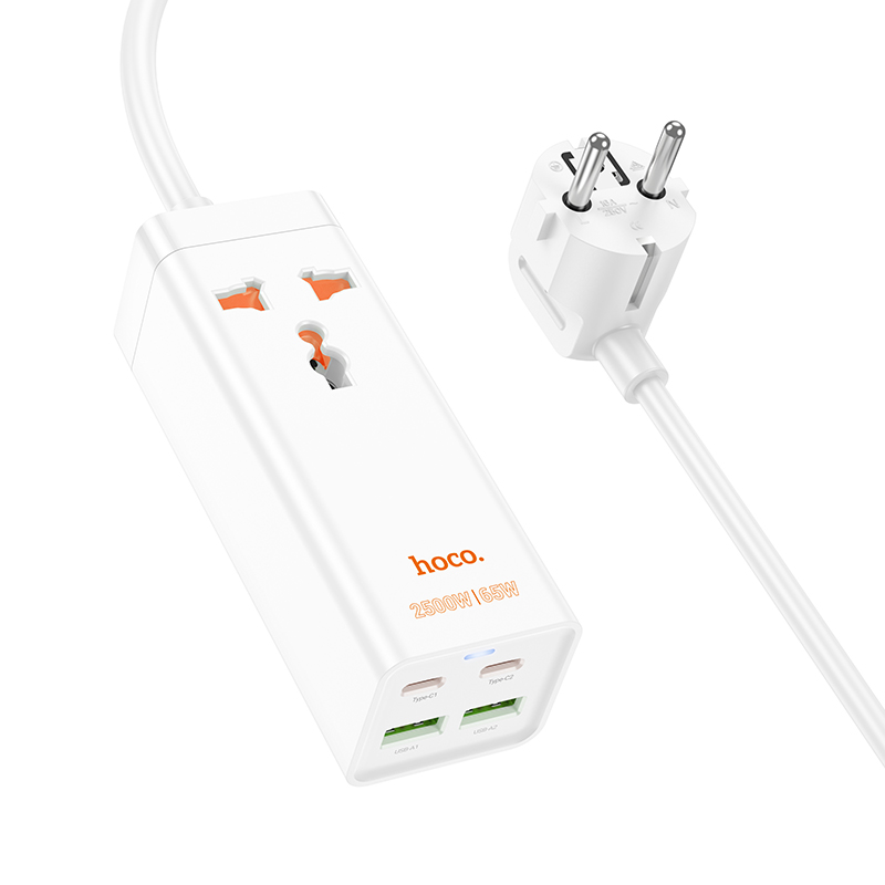 Мережевий подовжувач HOCO AC10A Barry PD65W GaN (2C2A with 1 socket) desktop charger White (6942007601689)