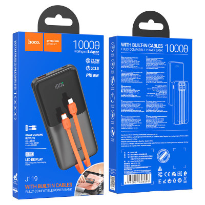 Зовнішній акумулятор HOCO J119 Sharp charger 22.5W+PD20 fully compatible power bank with digital display and cable(10000mAh) Black (6942007606097)