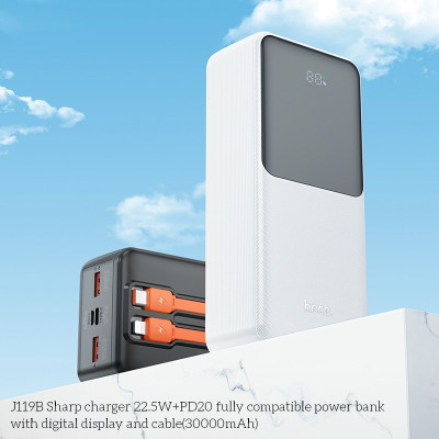 Зовнішній акумулятор HOCO J119B Sharp charger 22.5W+PD20 fully compatible power bank with digital display and cable(30000mAh) White (6942007606141)