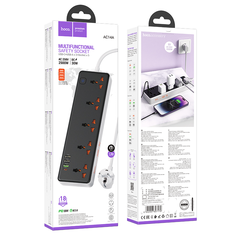Мережевий подовжувач HOCO AC14A Rico 5-position socket(PD30W/1C3A) Black (6942007607179)