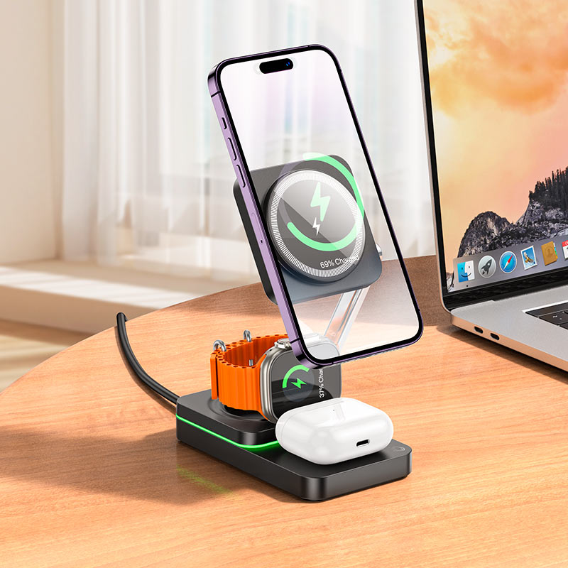 Бездротовий зарядний пристрій HOCO CQ10 Consuelo folding 3-in-1 wireless fast charger Black (6942007618359)