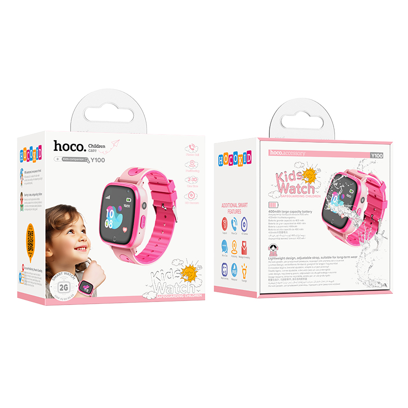 Дитячий cмарт-годинник Hoco Y100 36mm. SIM 2G. 400 mAh. IP65 Pink (6942007625647)