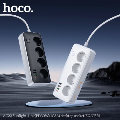 Мережевий подовжувач HOCO AC22 Sunlight 4-bit(PD30W/1C3A) desktop socket(EU/GER) (1.5m) Black (6942007629782)