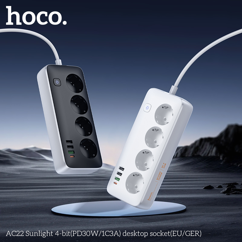 Мережевий подовжувач HOCO AC22 Sunlight 4-bit(PD30W/1C3A) desktop socket(EU/GER) (1.5m) Black (6942007629782)