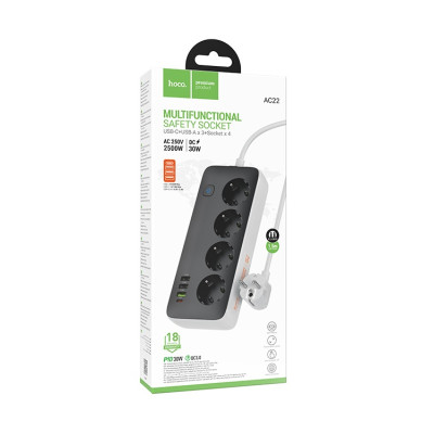 Мережевий подовжувач HOCO AC22 Sunlight 4-bit(PD30W/1C3A) desktop socket(EU/GER) (1.5m) Black (6942007629782)