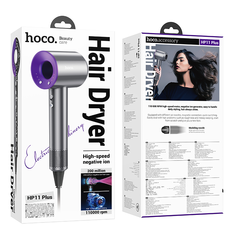 Фен HOCO HP11 Plus 1600W High-speed negative ion hair dryer(EU) Purple (6942007631570)