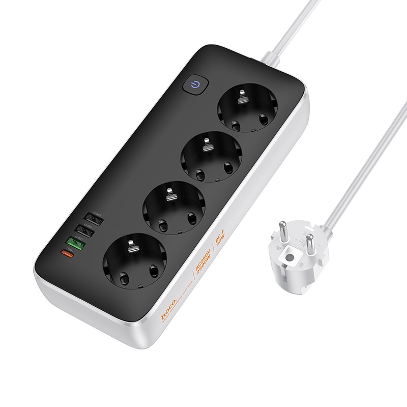 Мережевий подовжувач HOCO AC22 Sunlight 4-bit (PD30W/1C3A) desktop socket (EU/GER)(L=3M) Black (6942007636728)