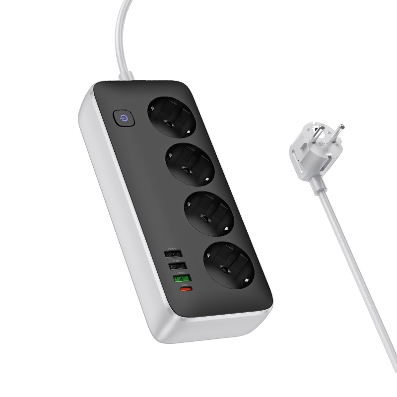 Мережевий подовжувач HOCO AC22 Sunlight 4-bit (PD30W/1C3A) desktop socket (EU/GER)(L=3M) Black (6942007636728)