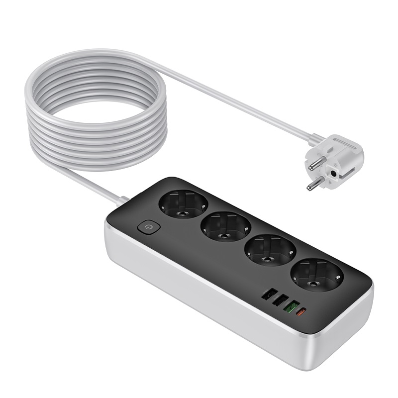 Мережевий подовжувач HOCO AC22 Sunlight 4-bit (PD30W/1C3A) desktop socket (EU/GER)(L=3M) Black (6942007636728)