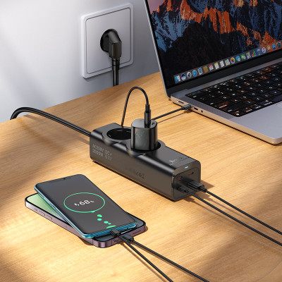 Мережевий подовжувач HOCO NS10 Wisdom 2-position (PD67W/3C1A) desktop socket (EU/GER) Black (6942007638500)