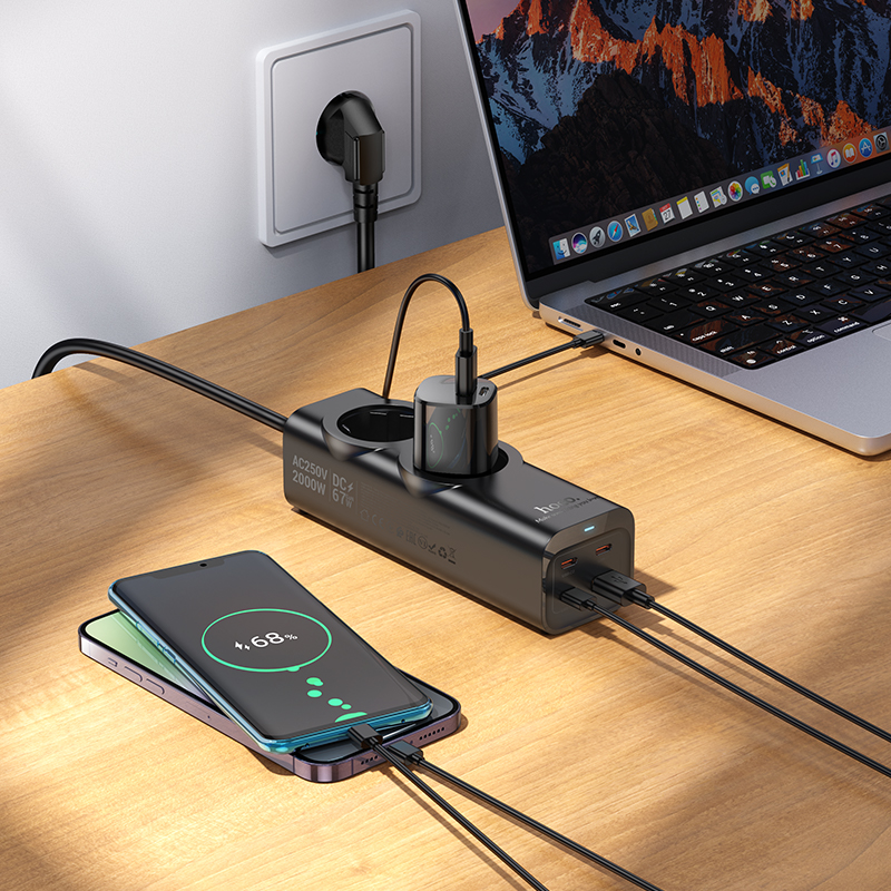 Мережевий подовжувач HOCO NS10 Wisdom 2-position (PD67W/3C1A) desktop socket (EU/GER) Black (6942007638500)