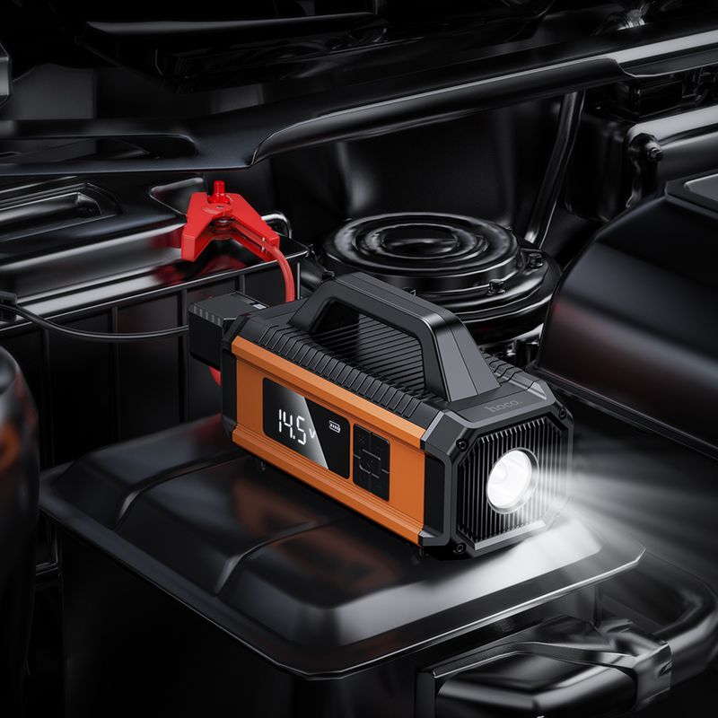 Автомобільний пуско-зарядний пристрій з насосом HOCO QS4 Intelligent air pump with emergency start-up power bank(10000mAh) Black (6942007642552)
