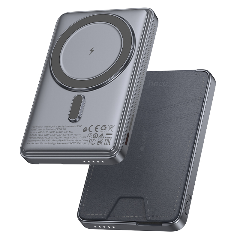 Зовнішній акумулятор HOCO Q46 Title PD20W magnetic power bank+card holder+phone holder(5000mAh) Silver Gray (6942007663106)