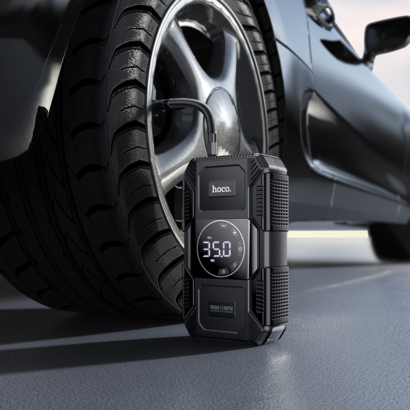 Автомобільний пуско-зарядний пристрій з насосом HOCO QS6 Clever Intelligent air pump+emergency start-up power bank(8000mAh) Black (6942007673013)