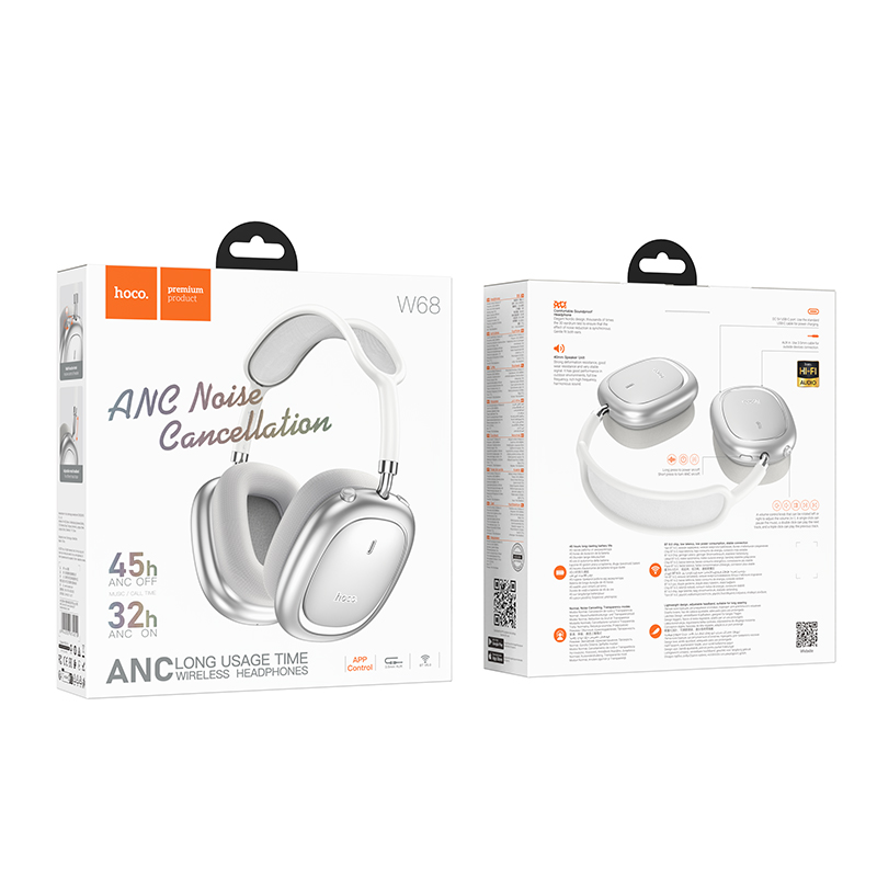 Бездротові накладні навушники HOCO W68 Calma ANC noise-canceling BT headphones(App) Silver (6942007674010)