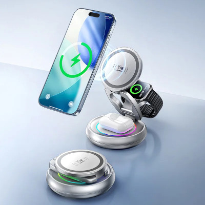 Бездротовий зарядний пристрій REMAX 20.5W Upgrade free metal foldable rotatable magnetic 3 in 1 wireless charger CW05 Sliver (6954851260271) Бездротовий зарядний пристрій REMAX 20.5W Upgrade free metal foldable rotatable magnetic 3 in 1 wireless charger CW05 Sliver (6954851260271)