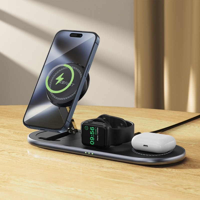 Бездротовий мультизарядний пристрій ACEFAST E19 Qi2 desktop 3-in-1 wireless charging holder Black (6974316283096)