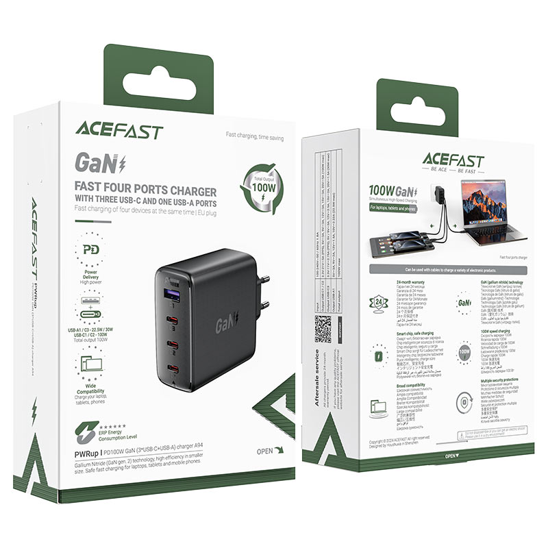 Мережевий зарядний пристрій ACEFAST A94 PD100W GaN (3*USB-C+USB-A) charger  Black (6974316283133)