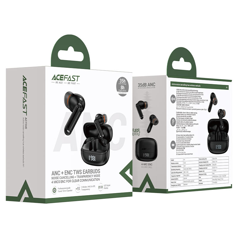 Бездротові навушники TWS ACEFAST W1 ANC+ENC, IPX4, Black (6974316283614)