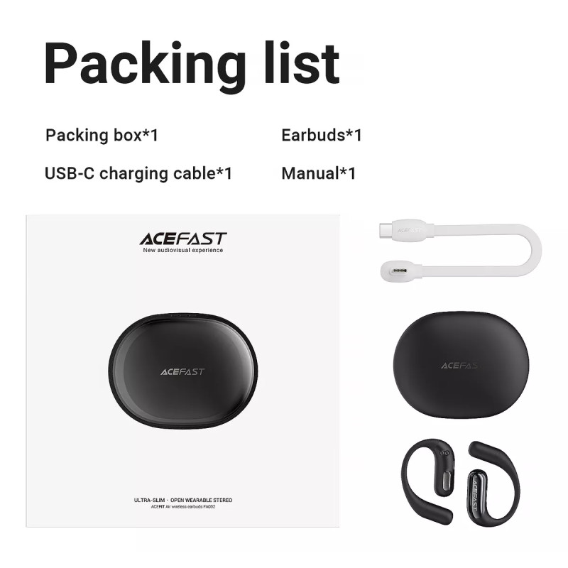 Бездротові навушники TWS ACEFAST FA002 ACEFIT Air wireless earbuds, ENC, IP54, Black (6974316283621)