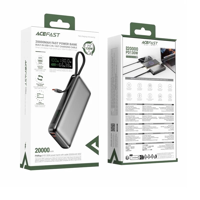 Зовнішній акумулятор ACEFAST M22 PD130W power bank with cable 20000mAh Black (6974316283904)