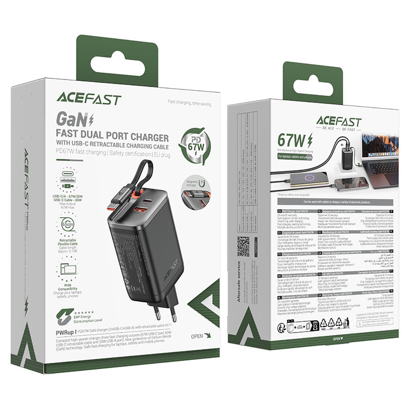 Мережевий зарядний пристрій з кабелем ACEFAST A111 PD67W GaN charger(2*USB-C+USB-A) with retractable cable Black (6974316284062)