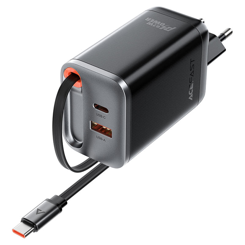 Мережевий зарядний пристрій з кабелем ACEFAST A111 PD67W GaN charger(2*USB-C+USB-A) with retractable cable Black (6974316284062)