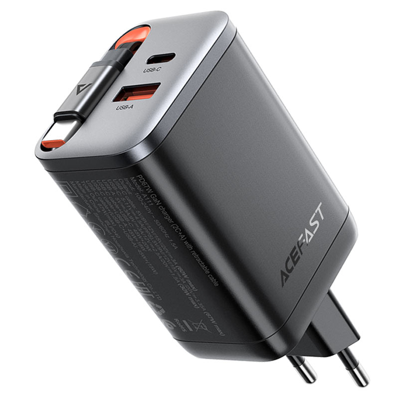 Мережевий зарядний пристрій з кабелем ACEFAST A111 PD67W GaN charger(2*USB-C+USB-A) with retractable cable Black (6974316284062)