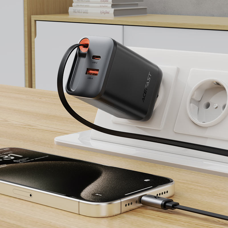 Мережевий зарядний пристрій з кабелем ACEFAST A111 PD67W GaN charger(2*USB-C+USB-A) with retractable cable Black (6974316284062)