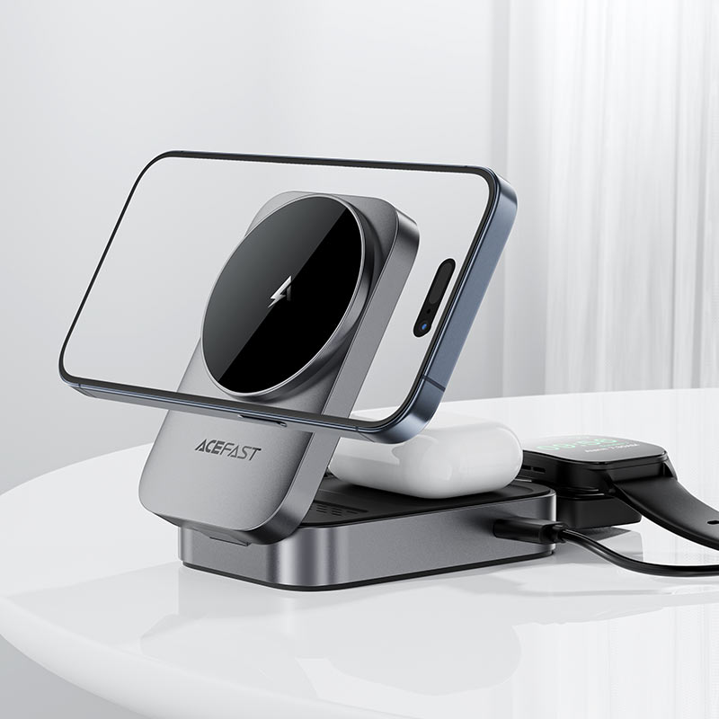 Бездротовий зарядний пристрій ACEFAST E22 Desktop 3-in-1 Wireless Charging holder Metal Gray (6974316284079)