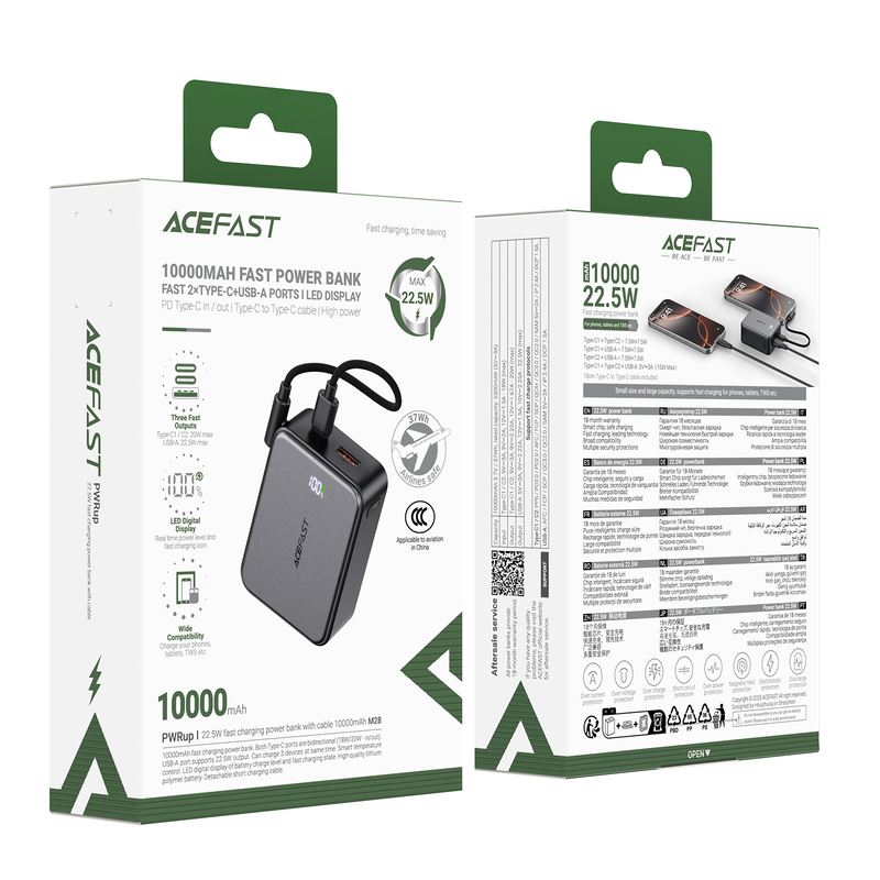 Зовнішній акумулятор ACEFAST M28-10000 22.5W fast charging power bank with cable Black (6974316285984)