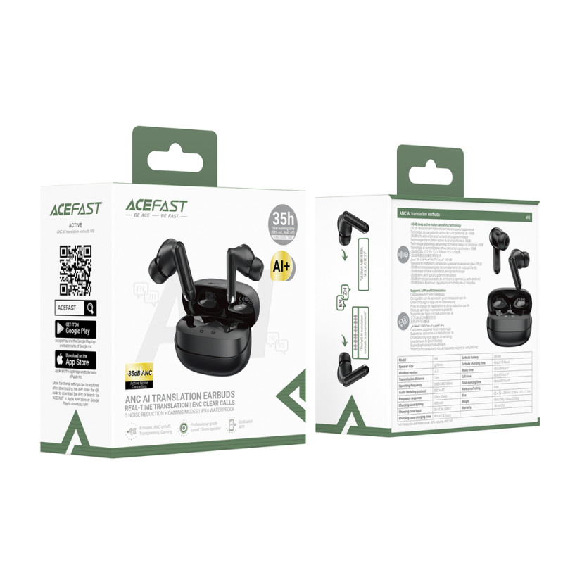 Бездротові навушники TWS ACEFAST W8 AI translation, ANC+ENC, IPX4, Black (6974316286165)