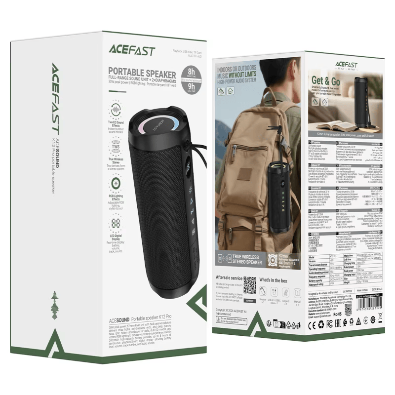Портативна колонка ACEFAST K12 Pro portable speaker, 15W, IPX4, Black (6974316287124)