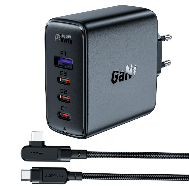 Мережевий зарядний пристрій ACEFAST A37 PD100W GaN (3*CUSB-C+USB-A) charger set Black (AFA37B)