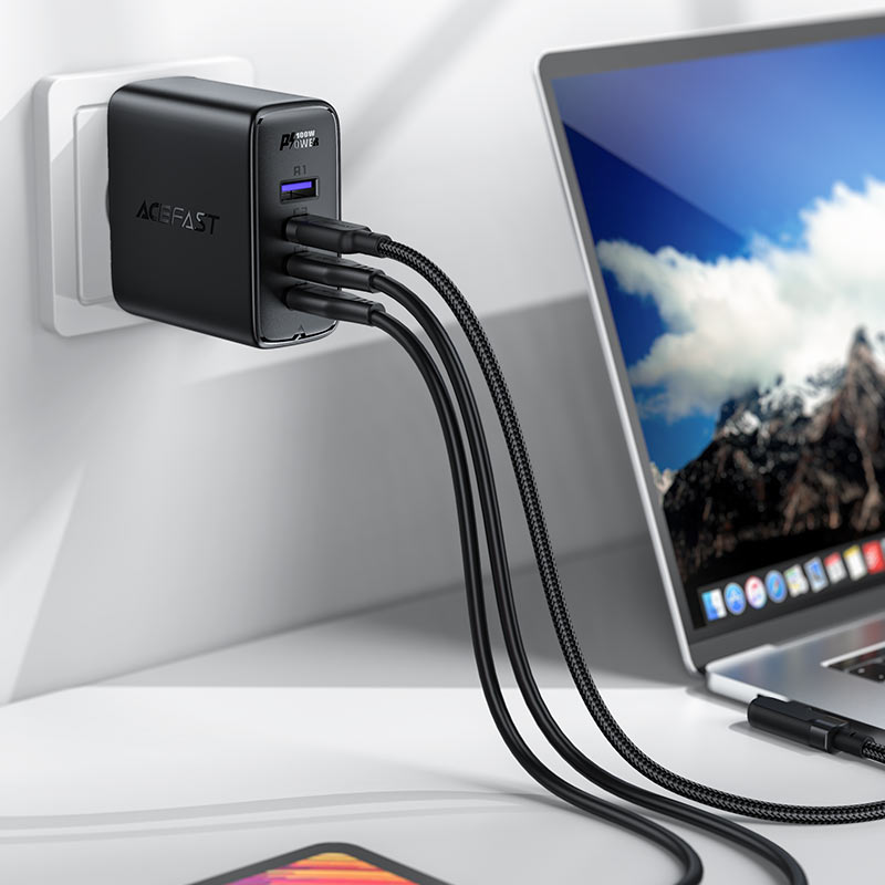 Мережевий зарядний пристрій ACEFAST A37 PD100W GaN (3*CUSB-C+USB-A) charger set Black (AFA37B)