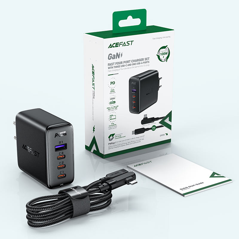 Мережевий зарядний пристрій ACEFAST A37 PD100W GaN (3*CUSB-C+USB-A) charger set Black (AFA37B)