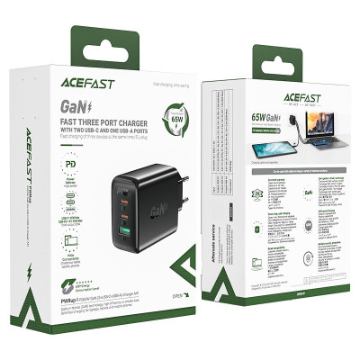 Мережевий зарядний пристрій ACEFAST A41 PD65W GaN (2*USB-C+USB-A) charger Black (AFA41B)