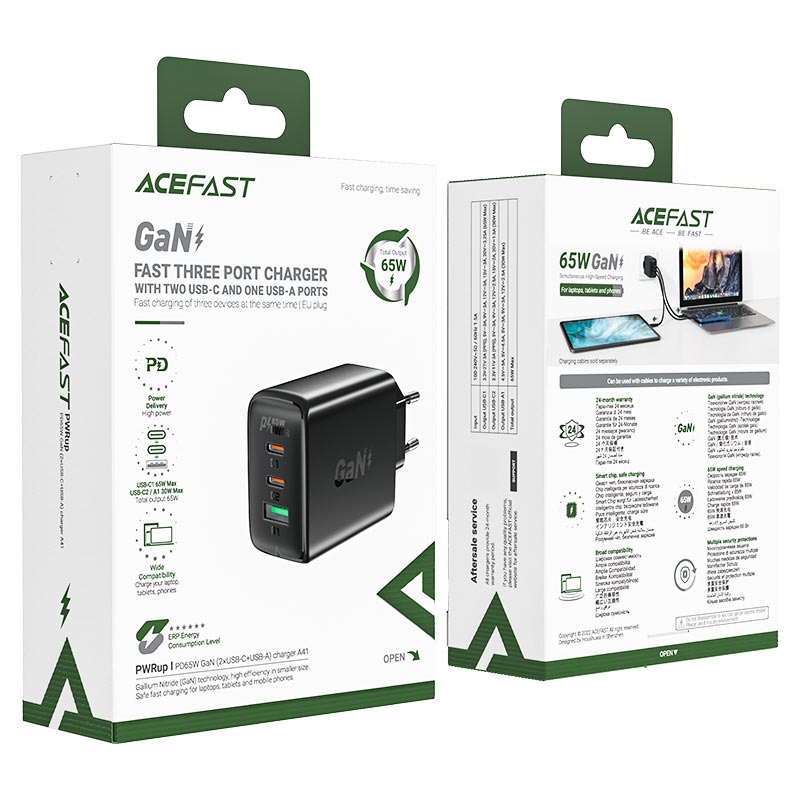 Мережевий зарядний пристрій ACEFAST A41 PD65W GaN (2*USB-C+USB-A) charger Black (AFA41B)