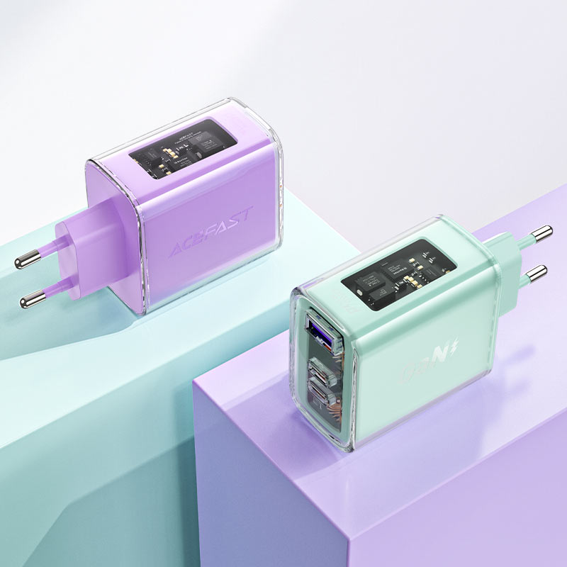 Мережевий зарядний пристрій ACEFAST A45 Sparkling series PD65W GaN (2*USB-C+USB-A) charger Purple alfalfa (AFA45PA)