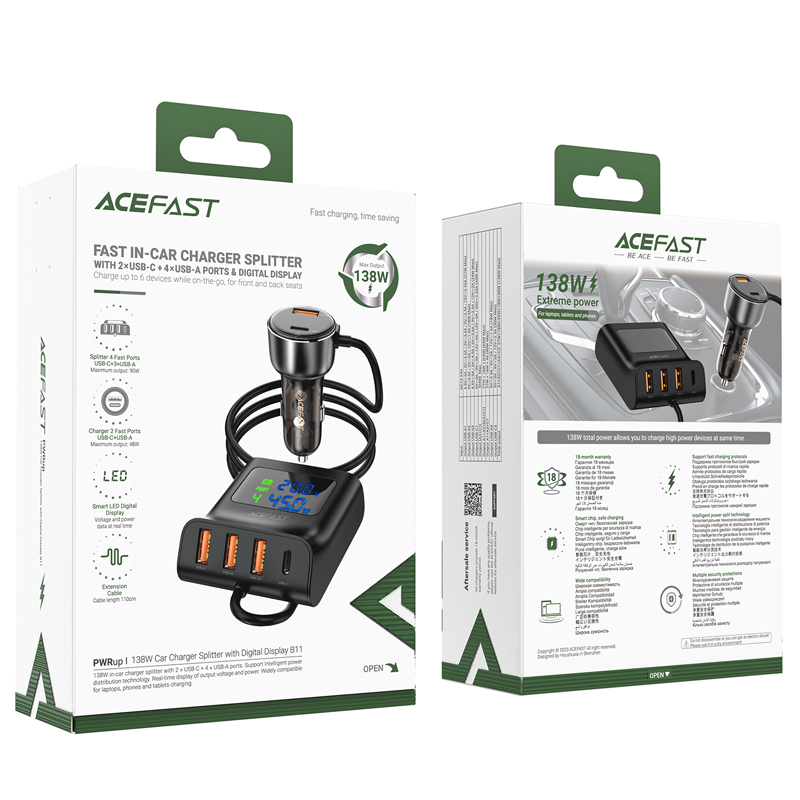 Автомобільний зарядний пристрій ACEFAST B11 138W Car Charger Splitter with Digital Display Black (6974316282488)