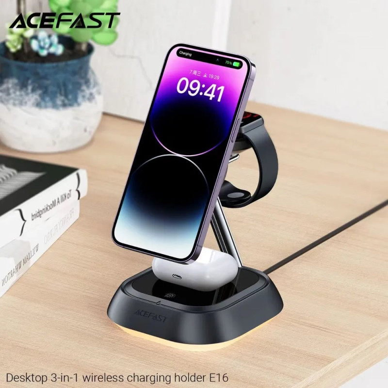 Бездротовий мультизарядний пристрій ACEFAST E16 desktop 3-in-1 wireless charging holder Black (6974316281917)